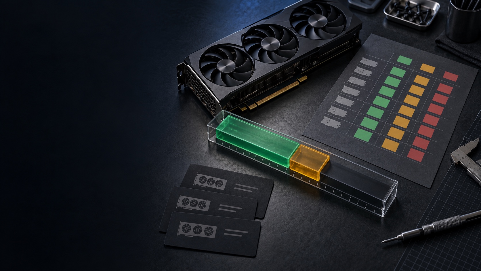An unbranded graphics card beside a physical memory tray divided into model weights, context cache, and remaining headroom.