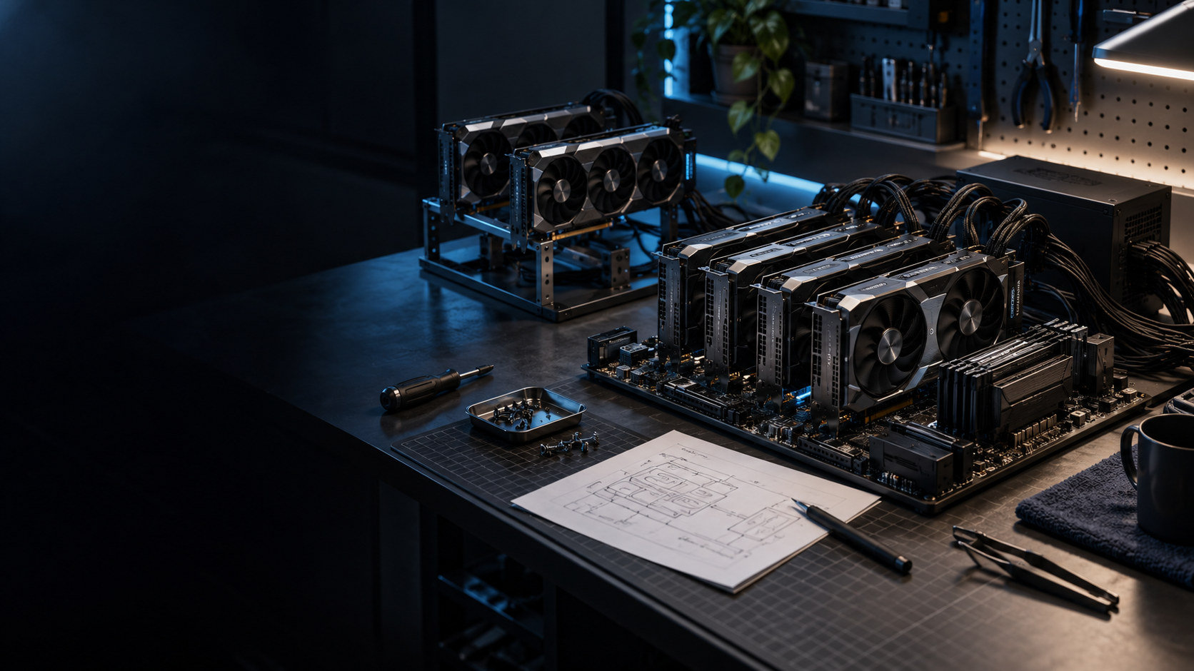 Unbranded graphics cards on a motherboard and risers at a builder's workbench, with a schematic nearby.
